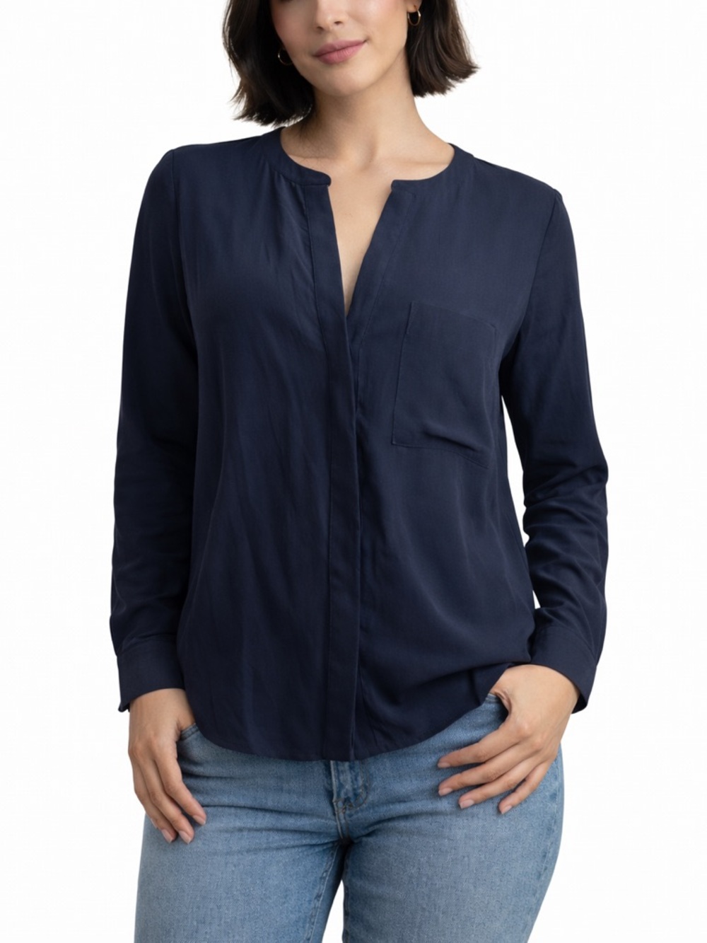 Joie Navy Blue Silk Blouse long Sleeve Lightweight Casual Classic Preppy Top XS